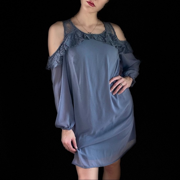Maurices Periwinkle Blue Lacey Cold Shoulder Long Sleeve Chiffon Dress Medium - Picture 1 of 6